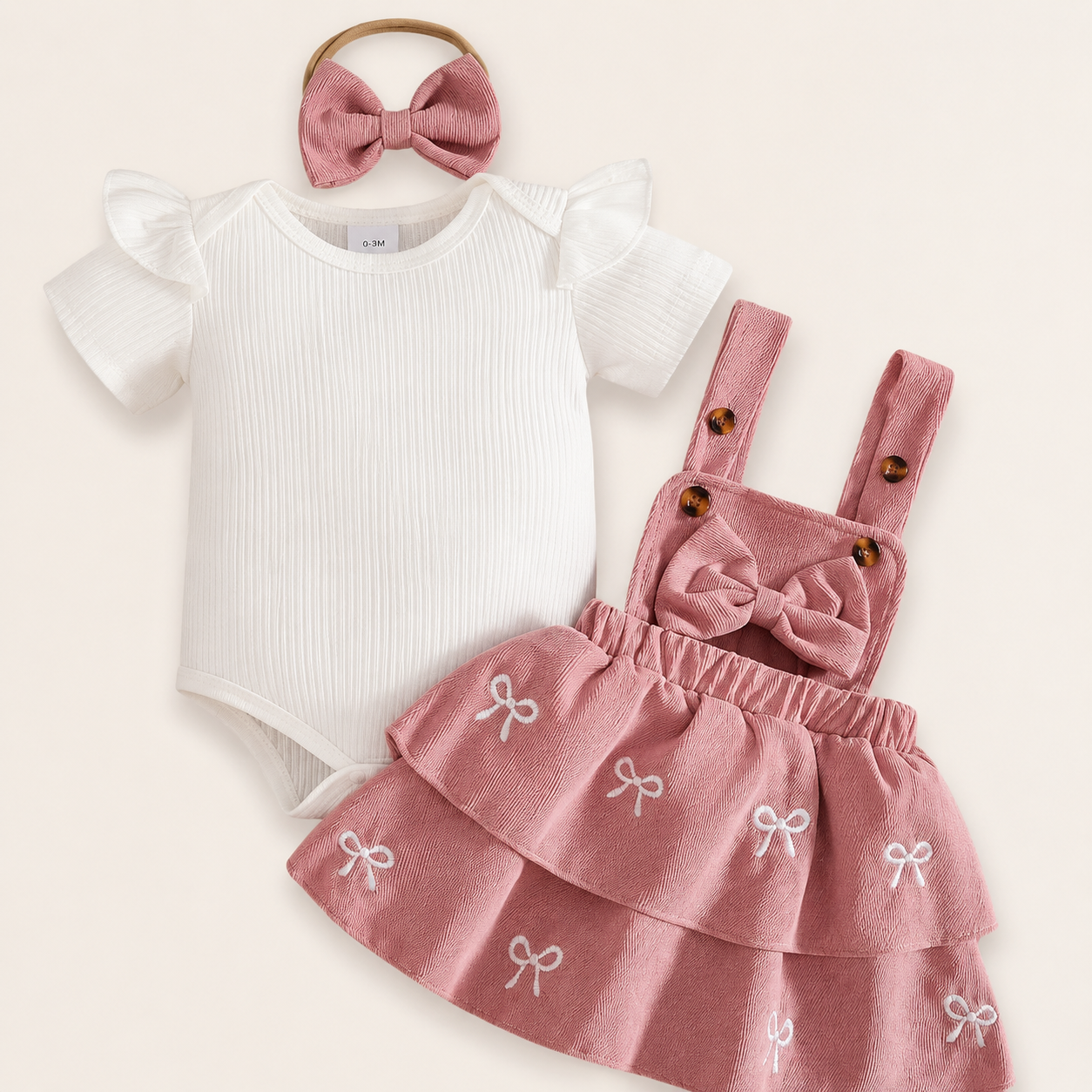 Babyflicka klänningsset med rosett – 3 delar